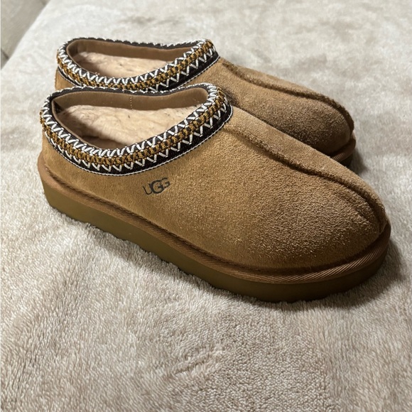 UGG Brown Suede Slip-Ons with Patterned Trim